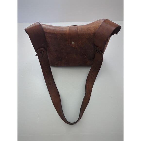 Vtg 60s Tooled Stitched Leather Shoulder Bag Floral detail Rustic Boho Crossbody - Picture 10 of 11